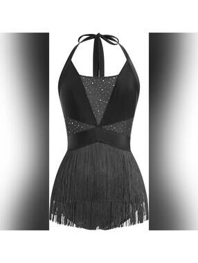 NWT IDOPIP Sequin Fringe Sparkly Tassel Halter Bodysuit Romper Dance, XS (0-2)